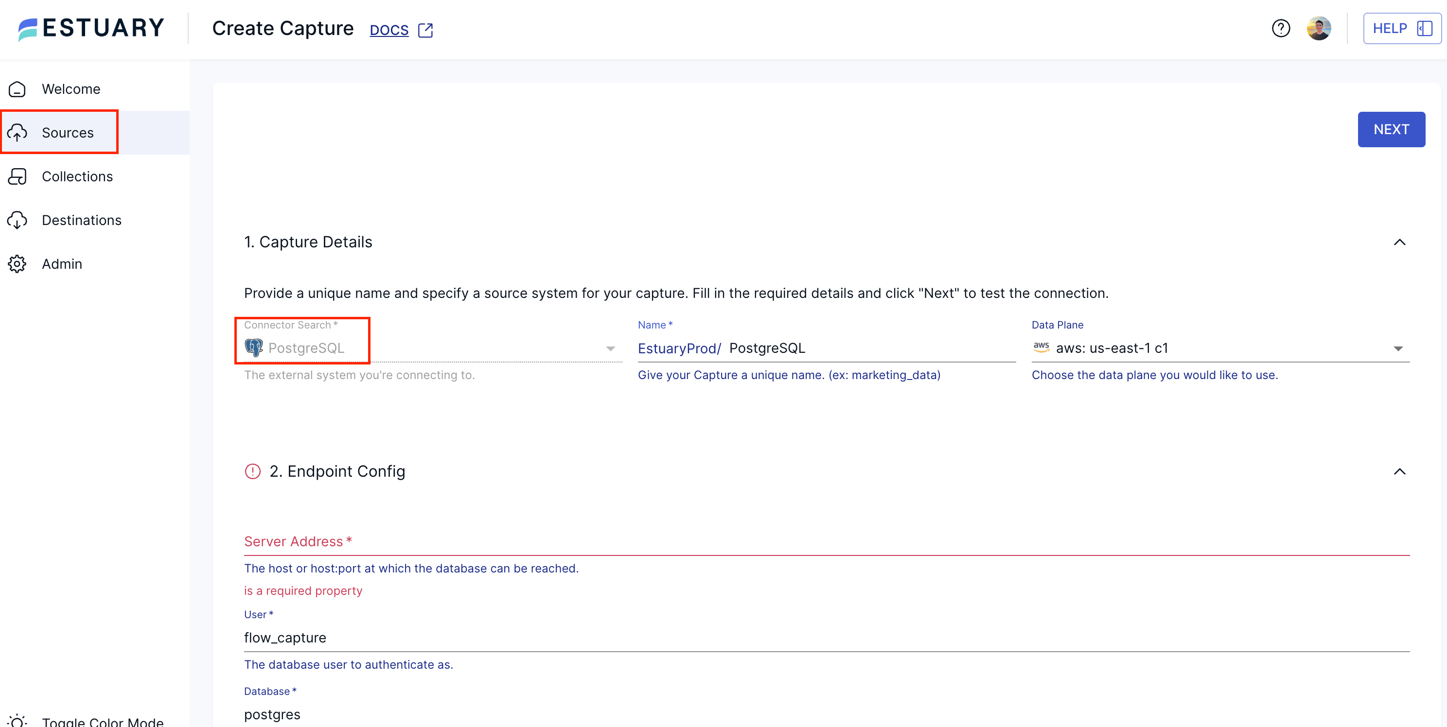 Create a PostgreSQL capture from Estuary's Sources tab