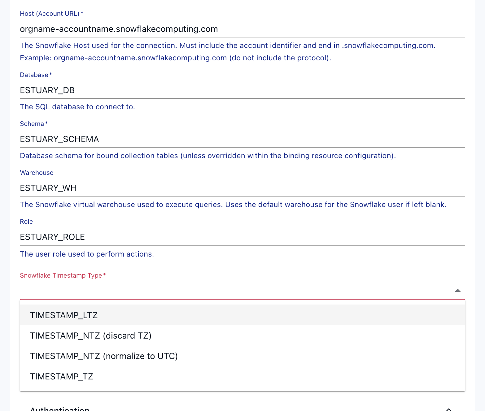 Snowflake endpoint form with the Snowflake Timestamp Type dropdown open.