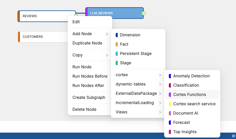 Coalesce context menu for adding Cortex Functions to the LLM_REVIEWS node