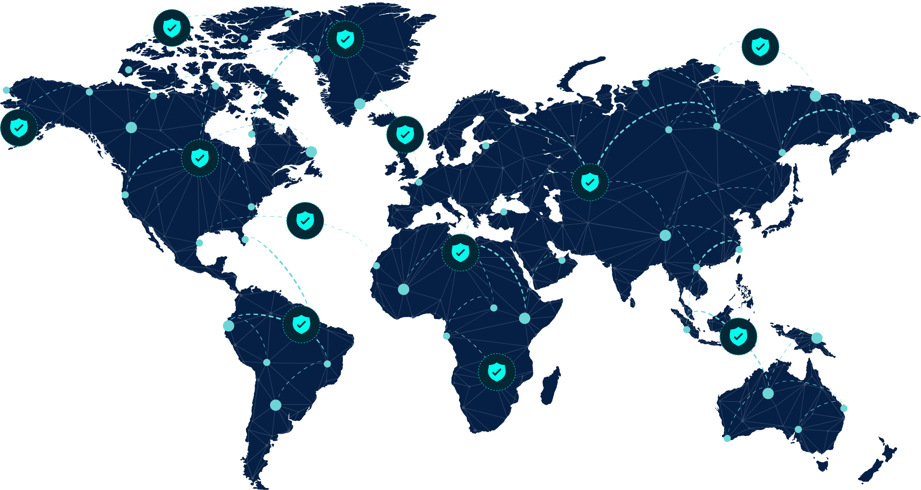 Map showing secure data connections across global regions for compliance and control.