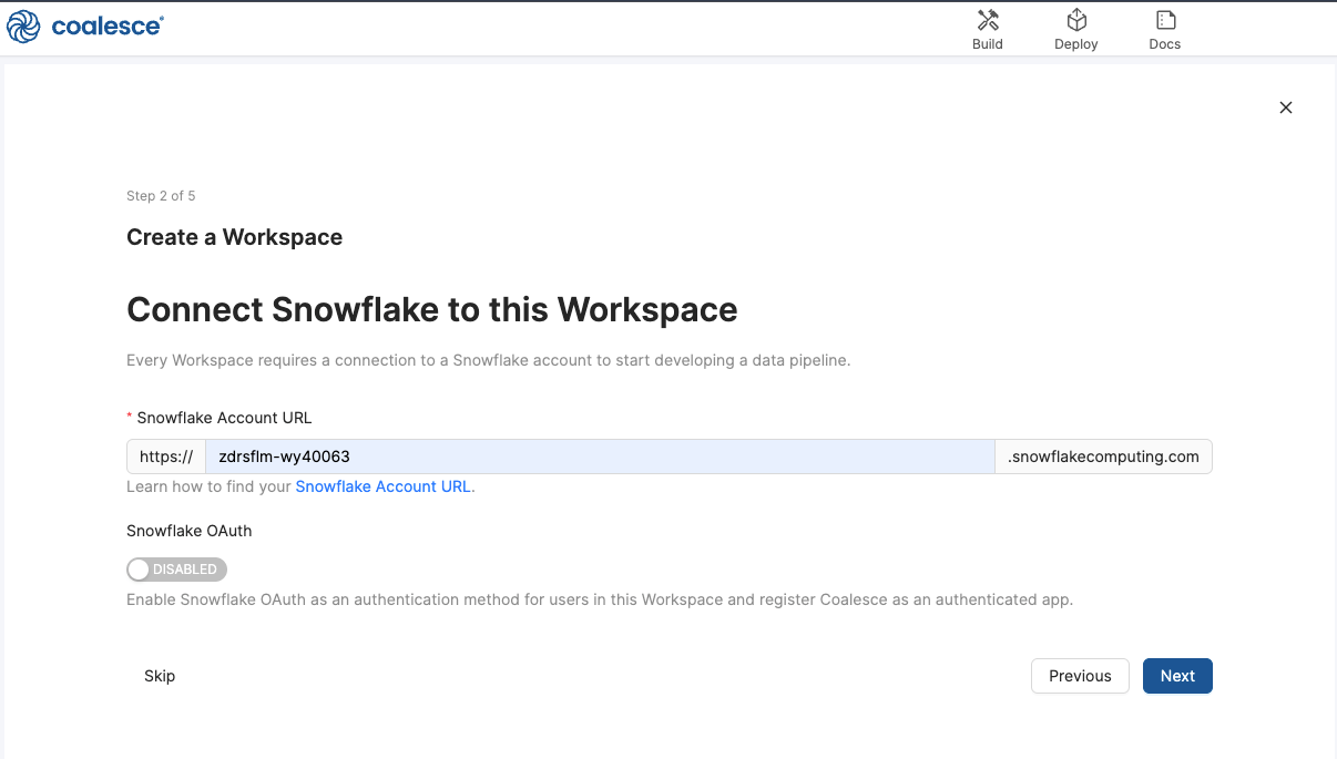 Coalesce workspace setup screen prompting for Snowflake account URL