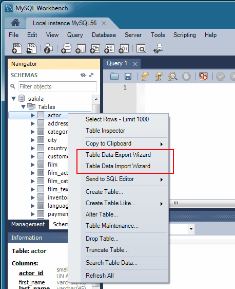 Oracle to Mysql - mysql table data wizard menu