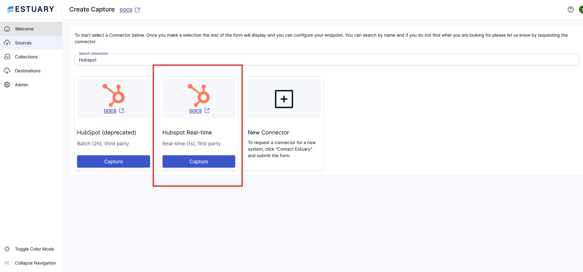 Selecting HubSpot Real-time Connector as source