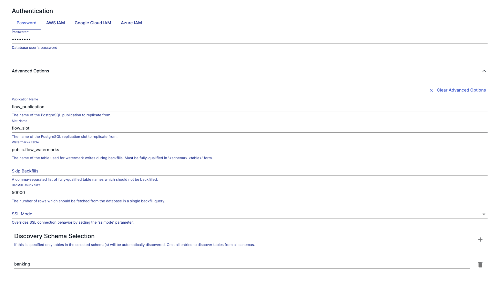 Estuary PostgreSQL CDC publication and replication slot settings