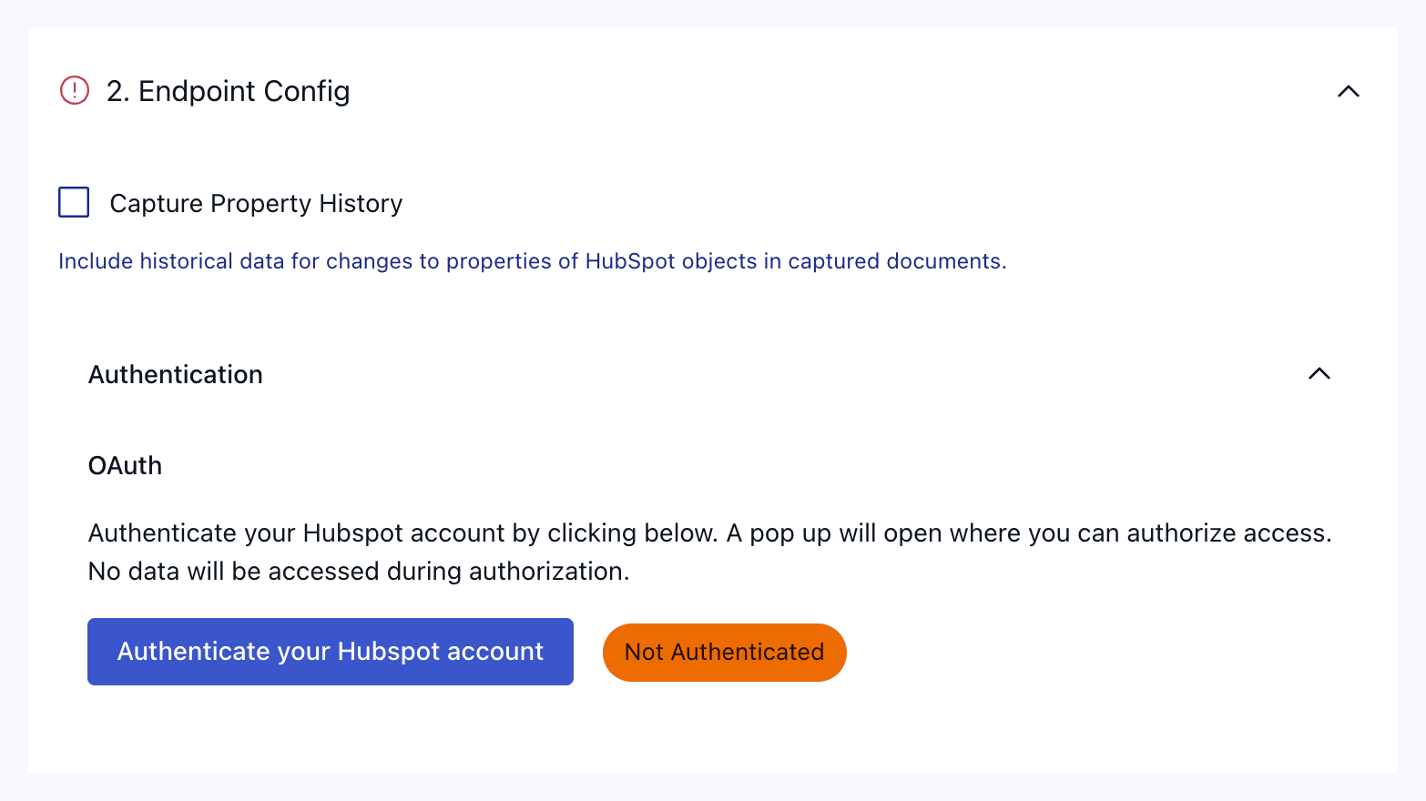 HubSpot capture form before authentication, with Capture Property History unchecked.