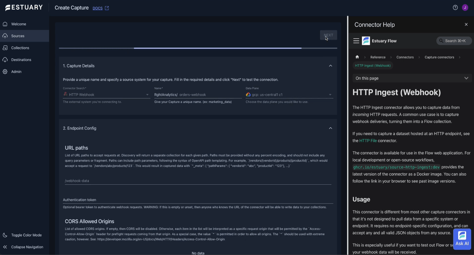 Create a webhook capture connector in Estuary