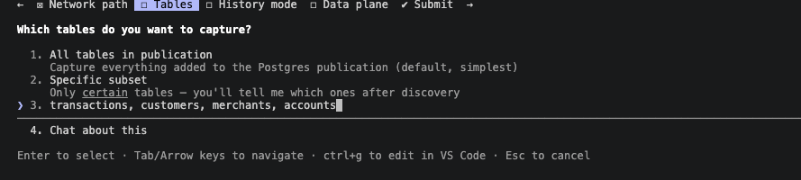 PostgreSQL capture table selection