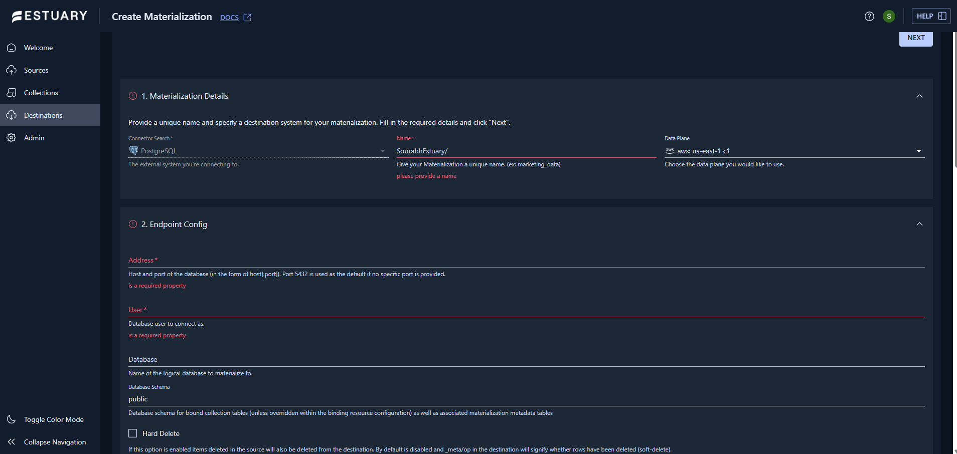 PostgreSQL materialization endpoint configuration in Estuary