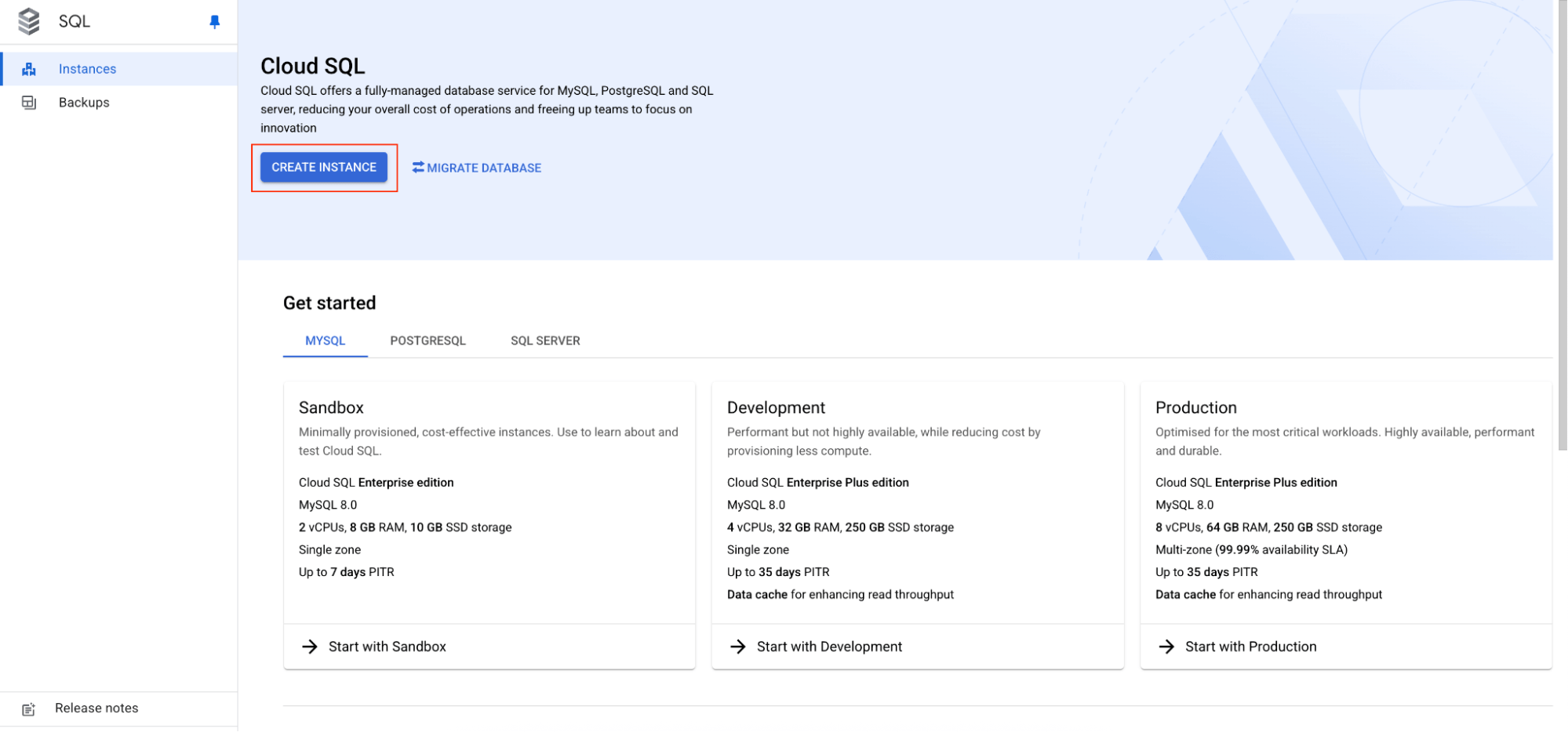 Create Cloud SQL instance