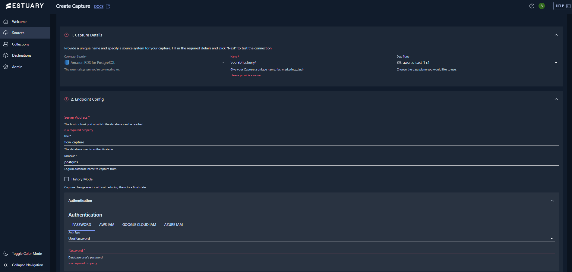 Postgres on Amazon rds data capture details configuration