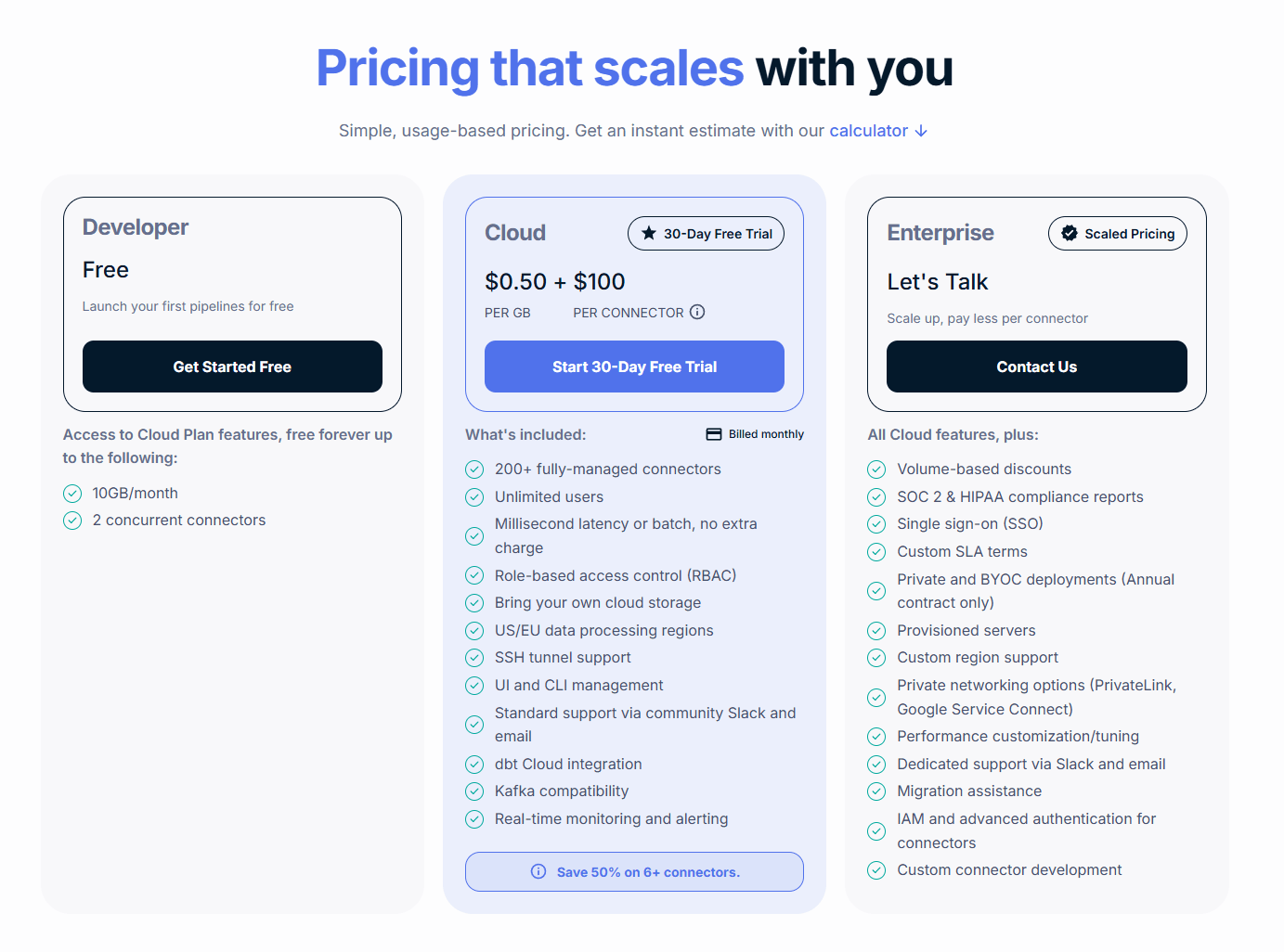 A screenshot of Estuary pricing tiers: Developer (free), Cloud ($0.50/GB + $100/connector, 30-day trial), and Enterprise (custom, contact for pricing).