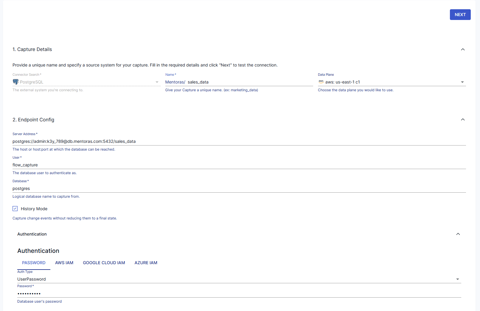 A screenshot showing Capture Details and Endpoint Configuration when setting up a PostgreSQL capture in Estuary.
