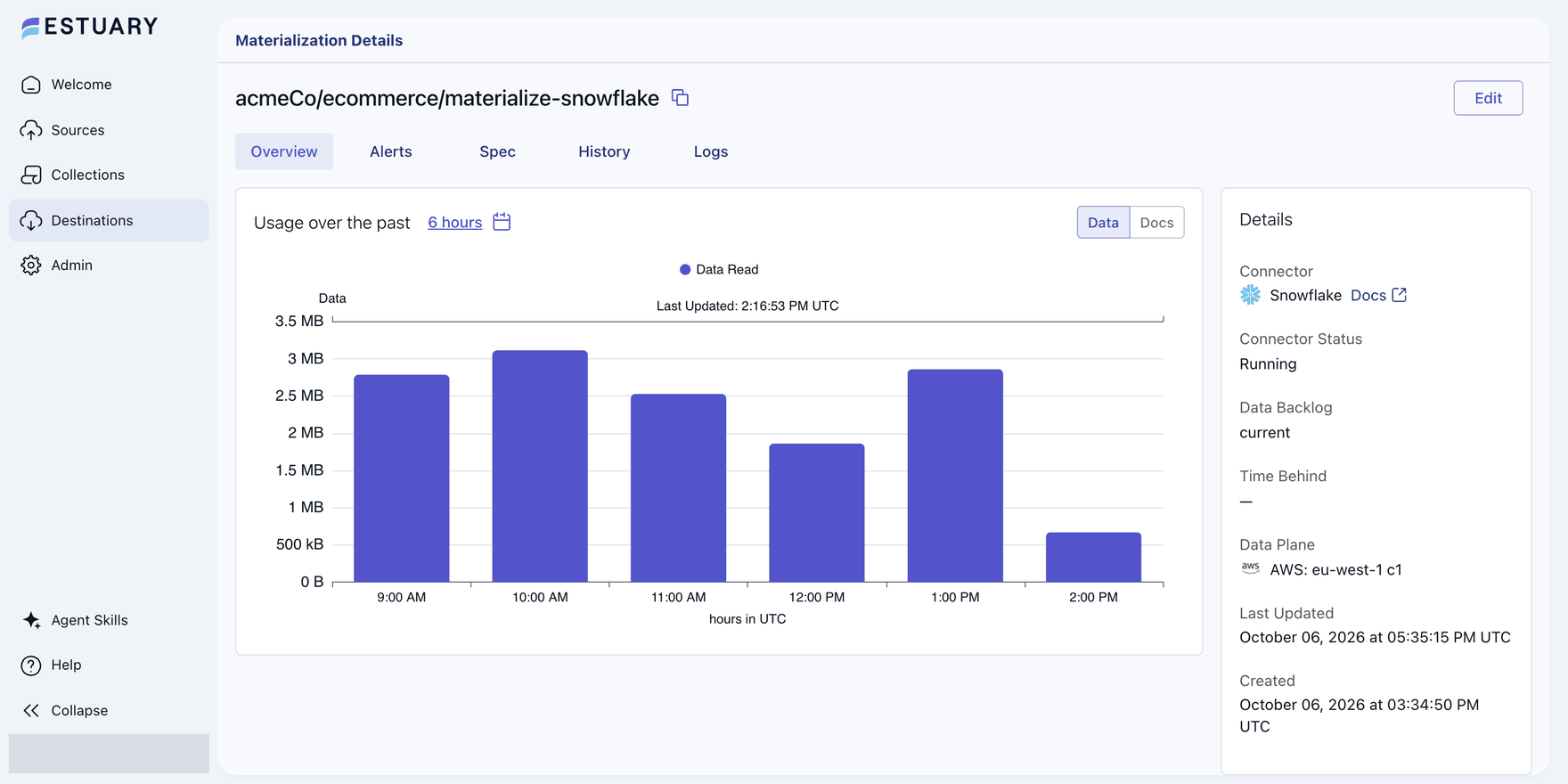 Snowflake materialization Overview: Connector Status Running and a Data Read chart.