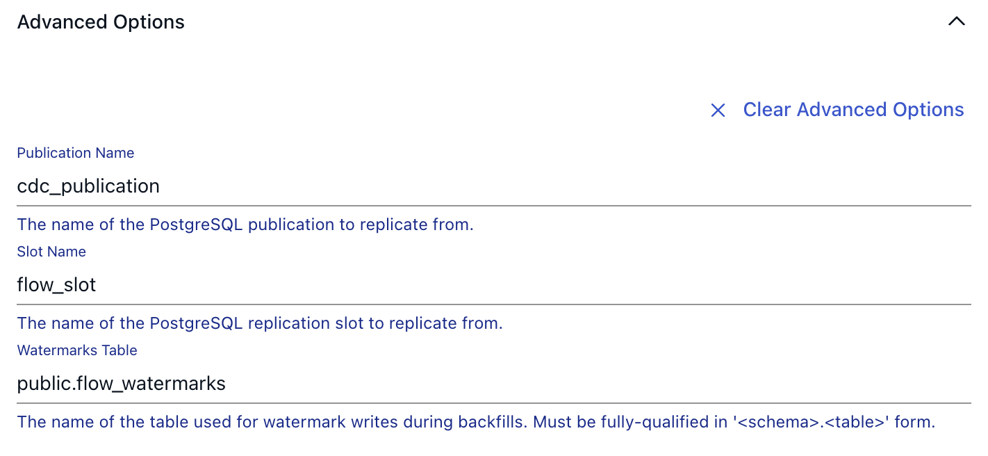 PostgreSQL Advanced Options: Publication Name cdc_publication, Slot Name, Watermarks Table.