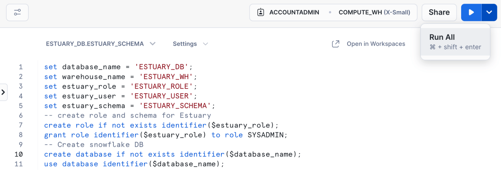 Running SQL setup commands in Snowflake for Estuary connection