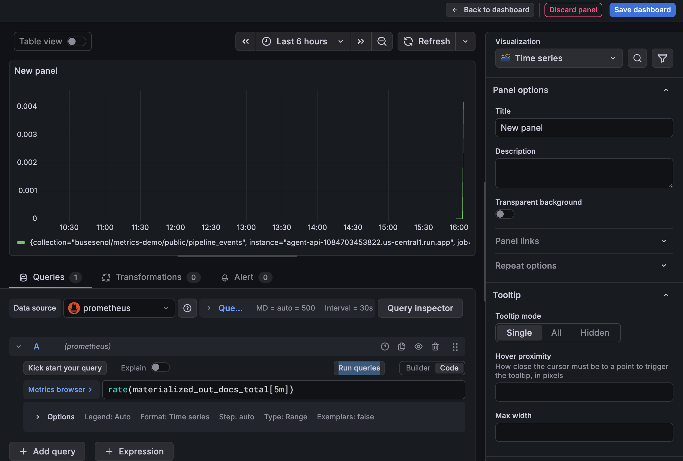 12:25 AMGrafana dashboard editor showing a time series visualization panel. The query editor displays a Prometheus query "rate(materialized_out_docs_total[5m])" with the data source set to Prometheus.