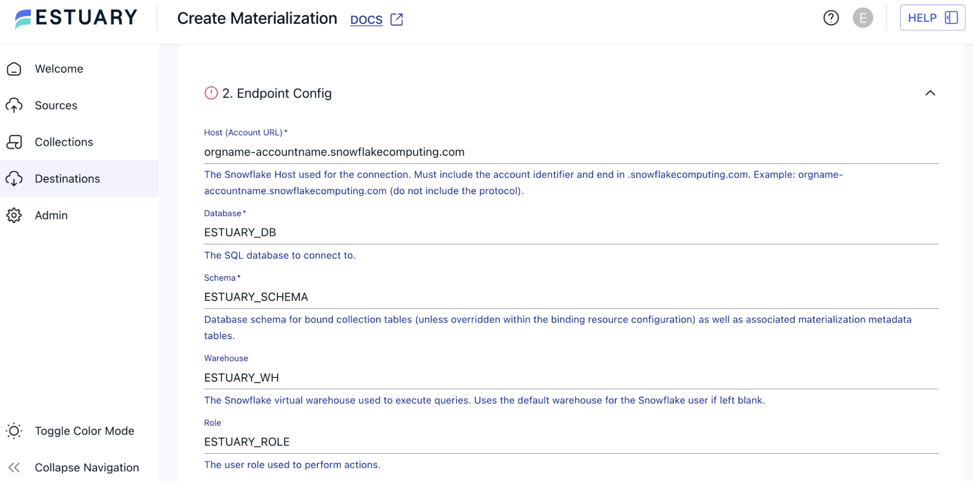 Snowflake materialization endpoint configuration in Estuary