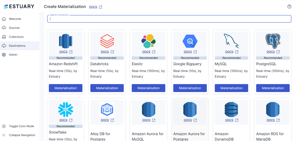 oracle DB replication - materialization connectors list