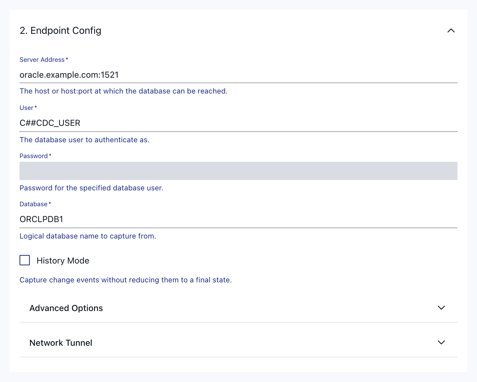 Oracle capture form with Server Address, User, Password and Database filled in.