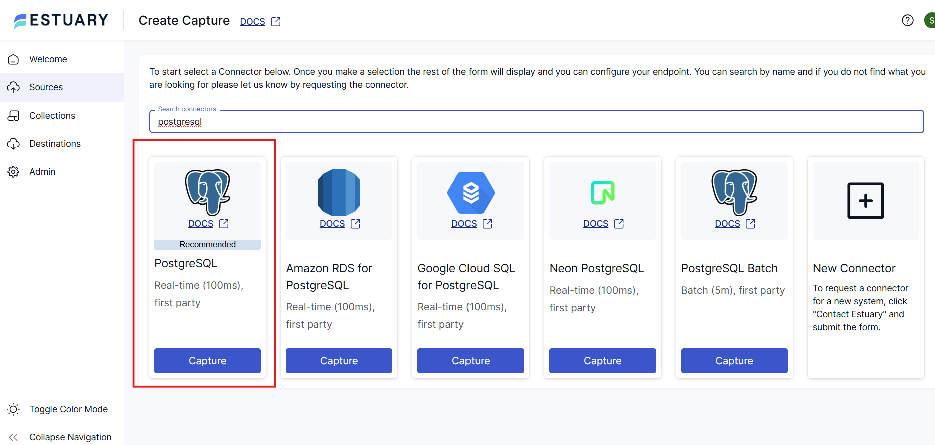 A range of Postgres source options in Estuary, both self-hosted and cloud-hosted