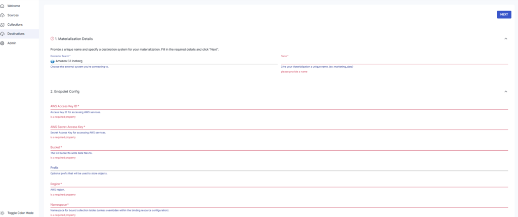 Postgres to Iceberg - estuary create materialization page