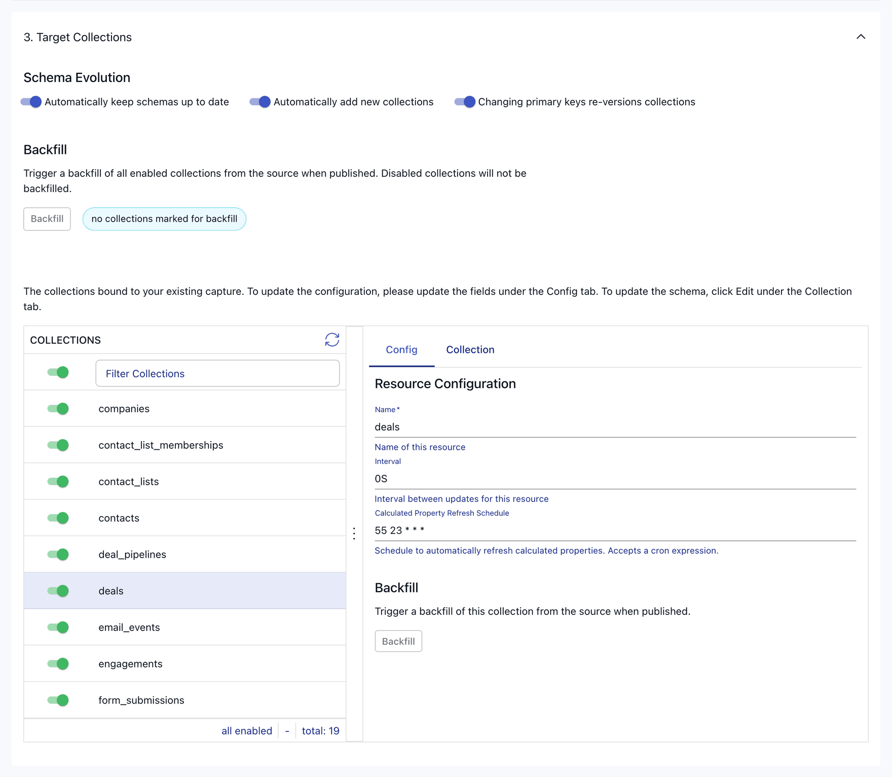 HubSpot capture bindings with deals selected, showing Interval and the refresh schedule.