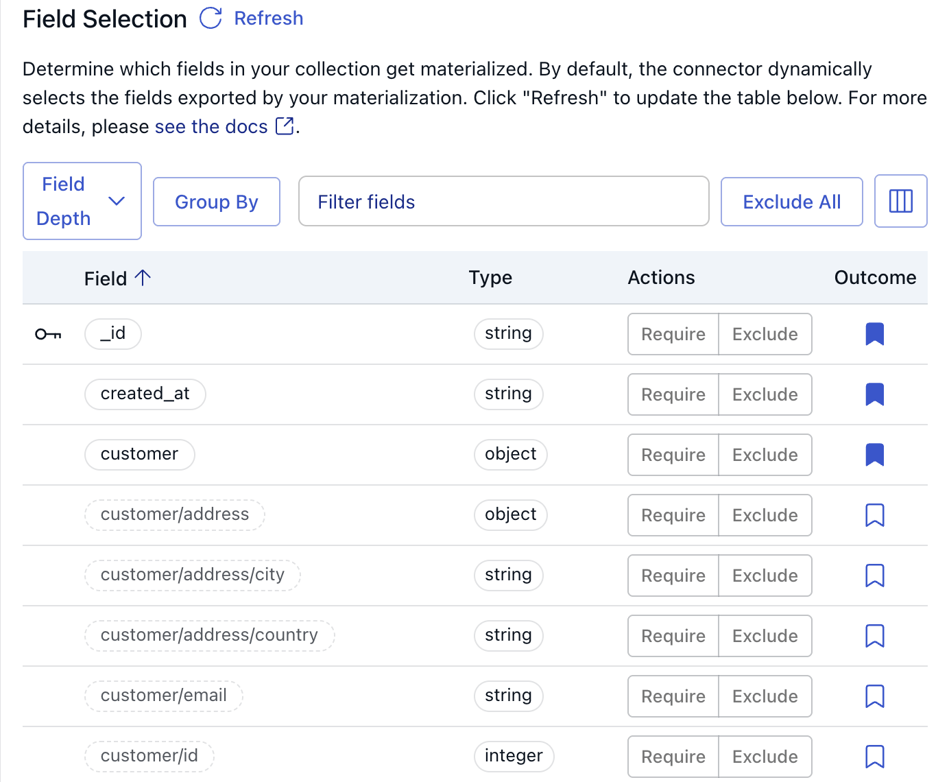 Field Selection table at Depth 1, with the nested customer field as one column.
