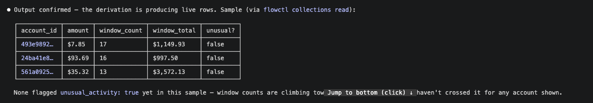 Rolling transaction window output
