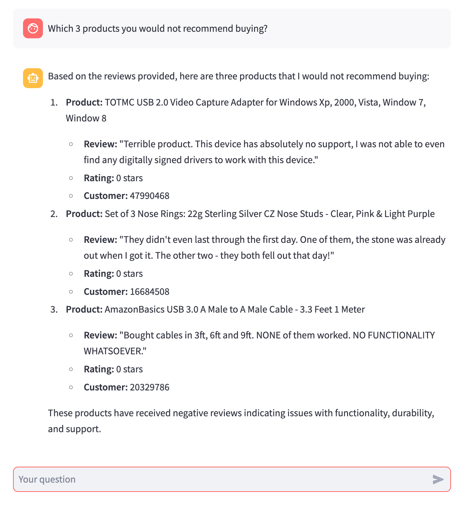 Real-Time RAG System - RAG Chatbot - 3 products not recommended