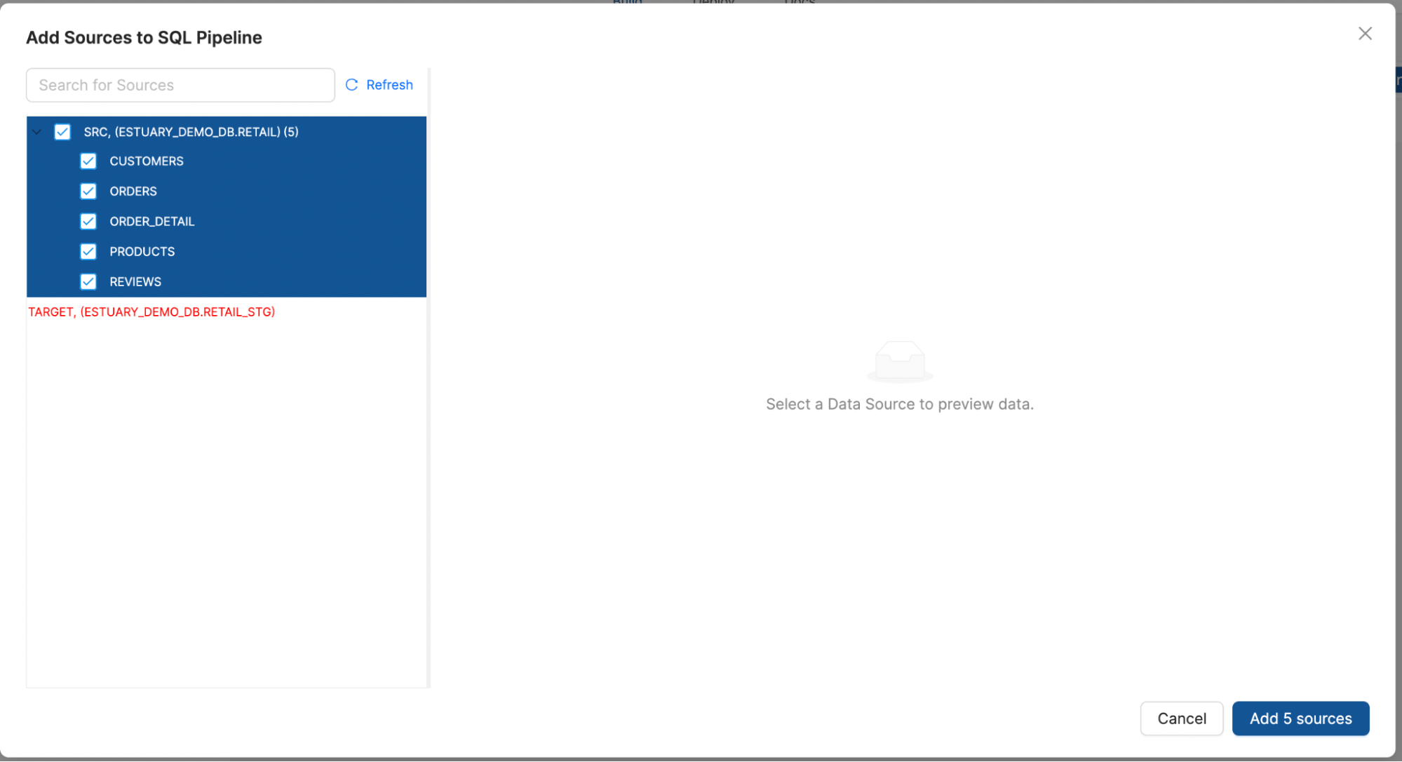 Source table selection dialog in Coalesce for the SQL pipeline.png