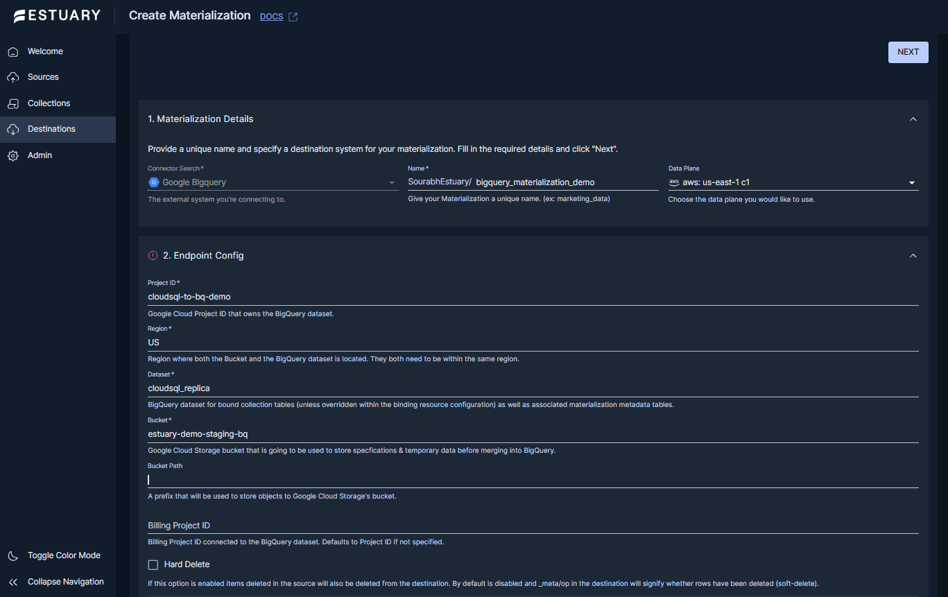 Estuary BigQuery materialization configuration screen