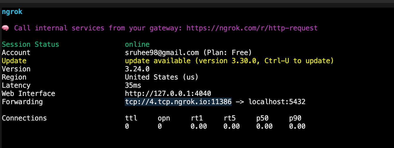 Ngrok session displaying generated TCP forwarding address for PostgreSQL