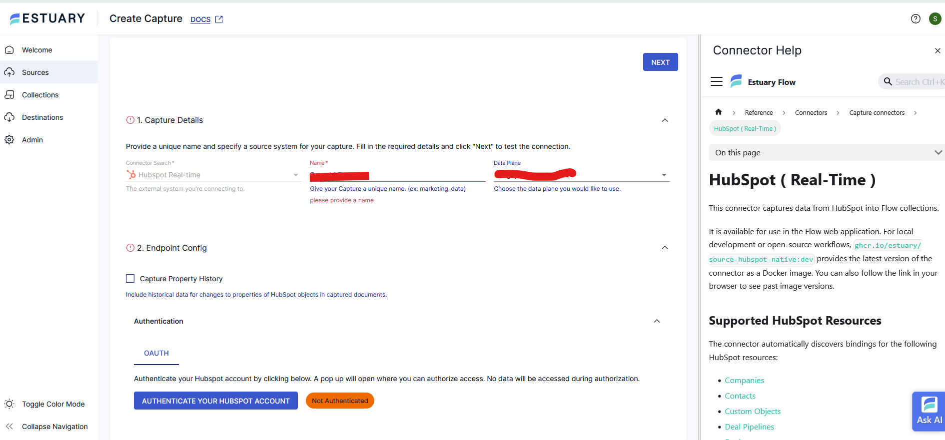 Capture setup with OAuth and resource selection