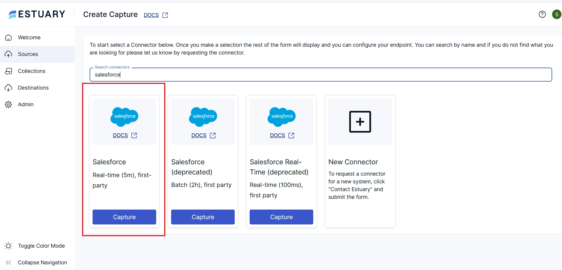 Search for Salesforce in the Estuary UI