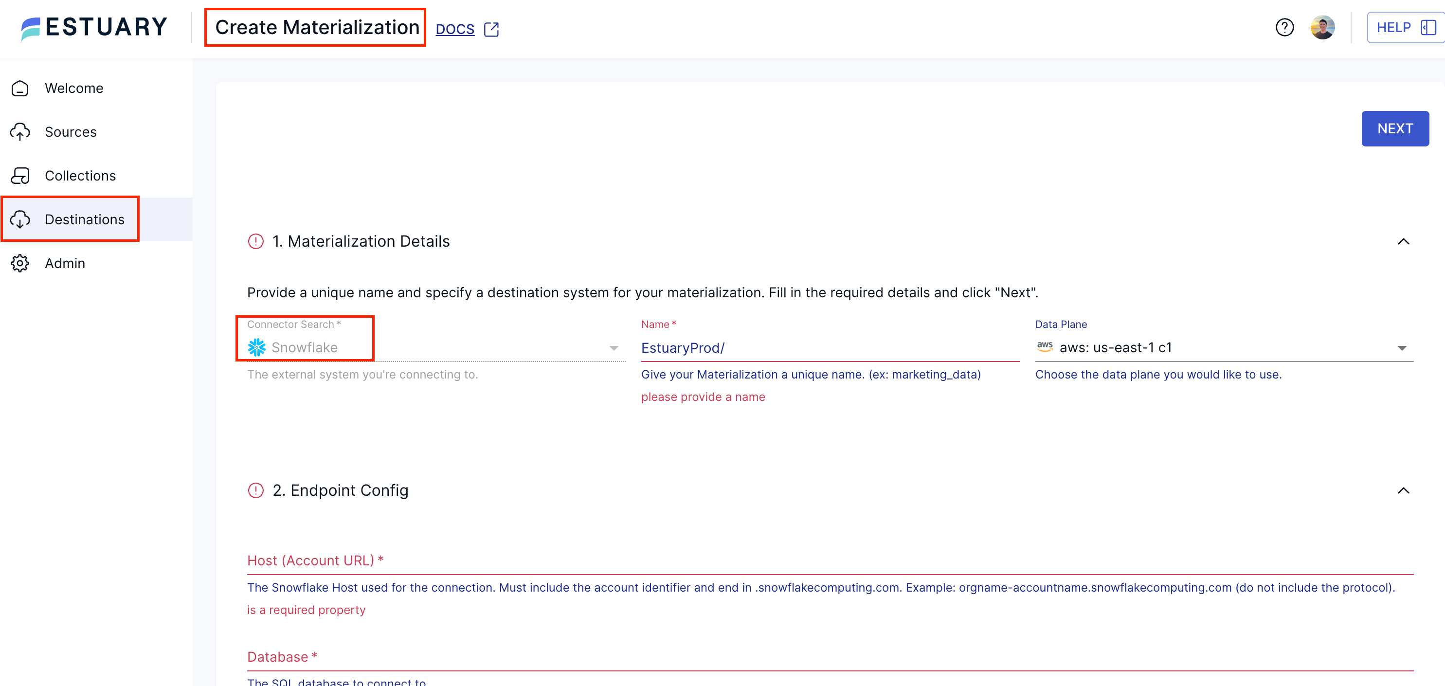 Create a Snowflake materialization from Estuary's destinations tab