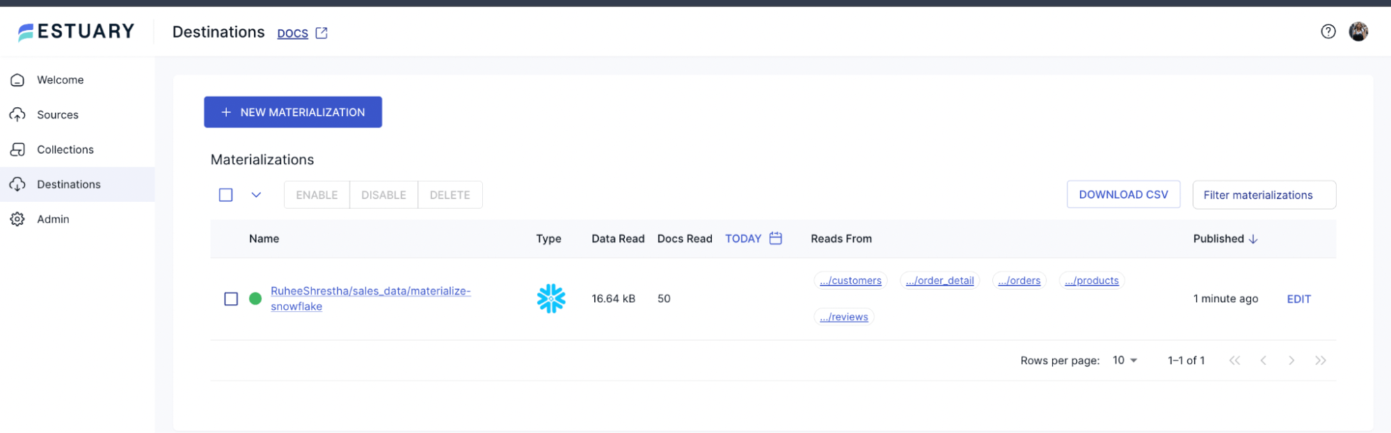 Snowflake materialization status in the Estuary Destinations dashboard.png