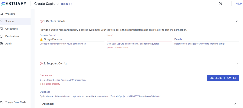 Firestore to Redshift - Firestore Configuration Settings