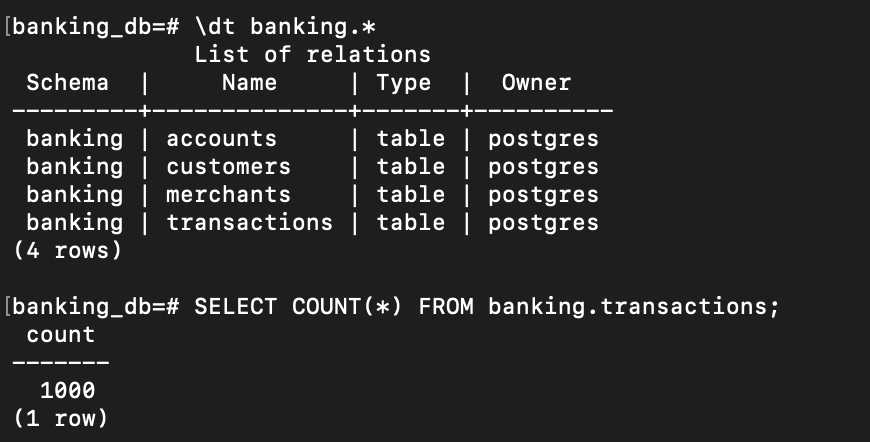 PostgreSQL banking tables and transaction count in psql