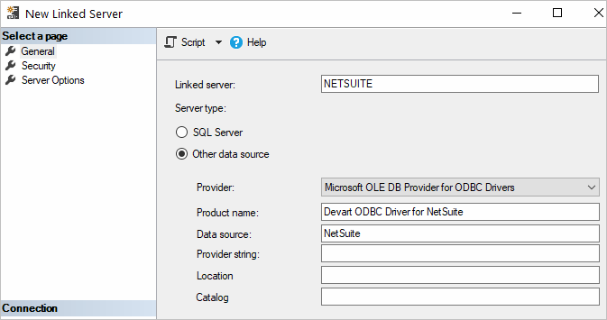 Netsuite to SQL Server - Create a new linked server