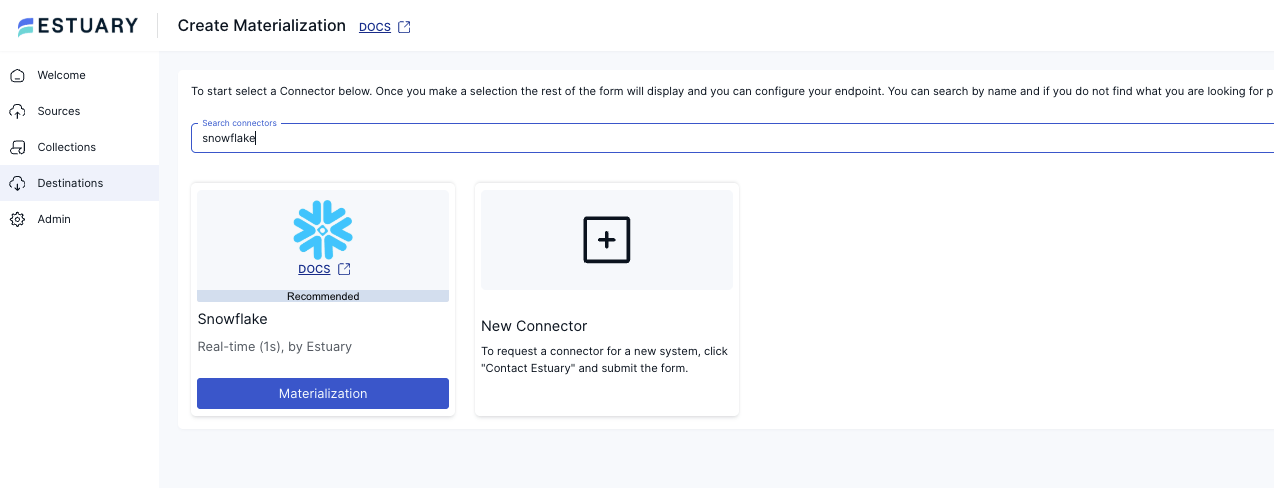 Estuary materialization creation screen with Snowflake connector selected