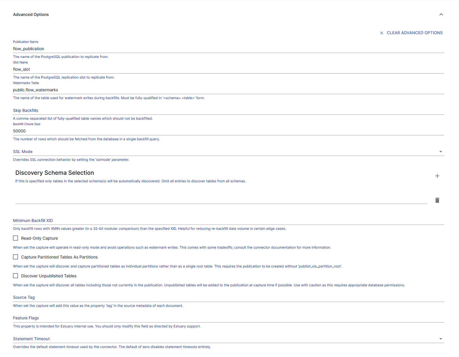 A screen showing showing Advanced Options for a capture connector in Estuary, including Backfill Chunk Size, Minimum Backfill XIC, Read-Only Capture, and more.