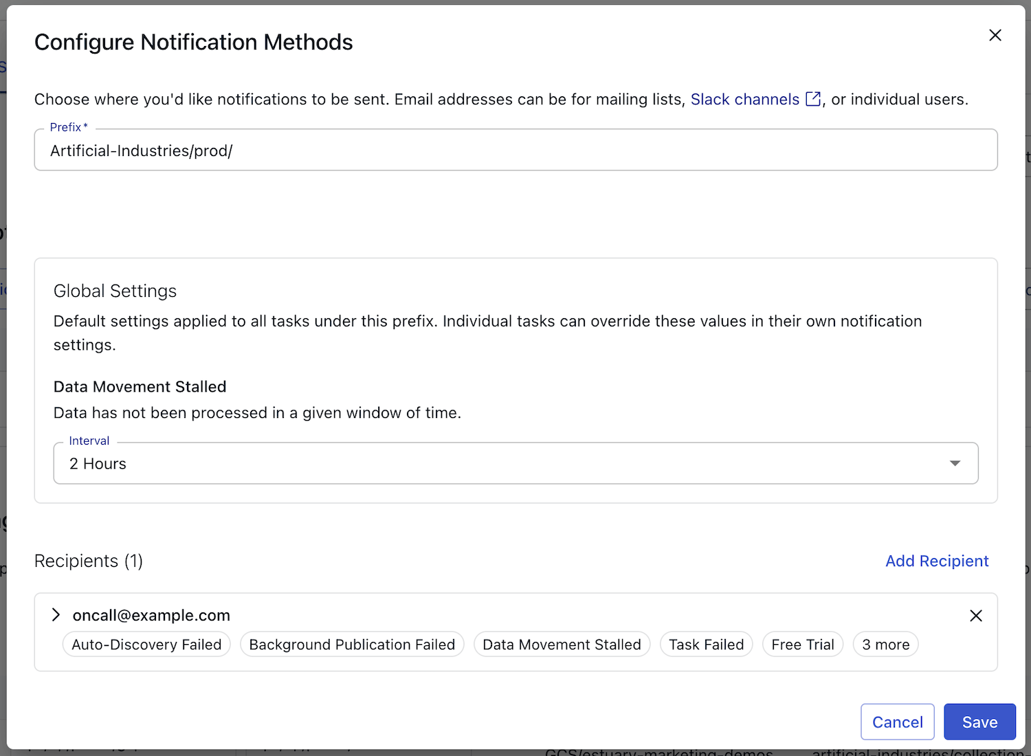 Alert subscription settings in the Estuary dashboard