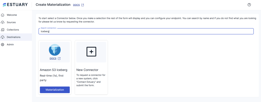 redshift to iceberg - iceberg search connector page