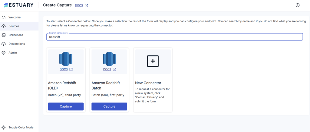 redshift to iceberg - redshift search connector page