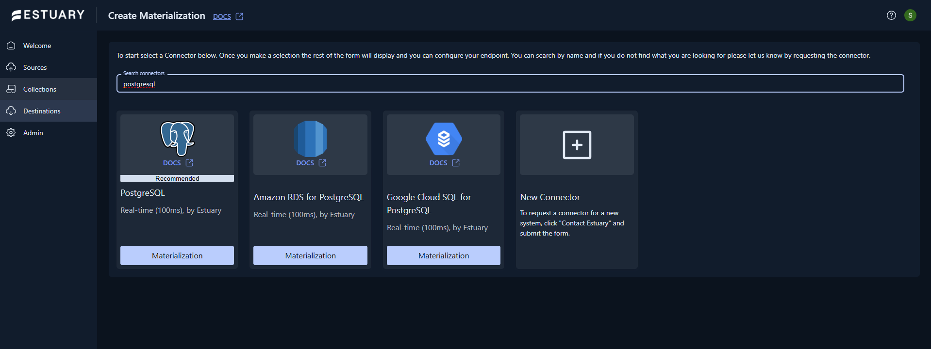 PostgreSQL materialization connector selection in Estuary