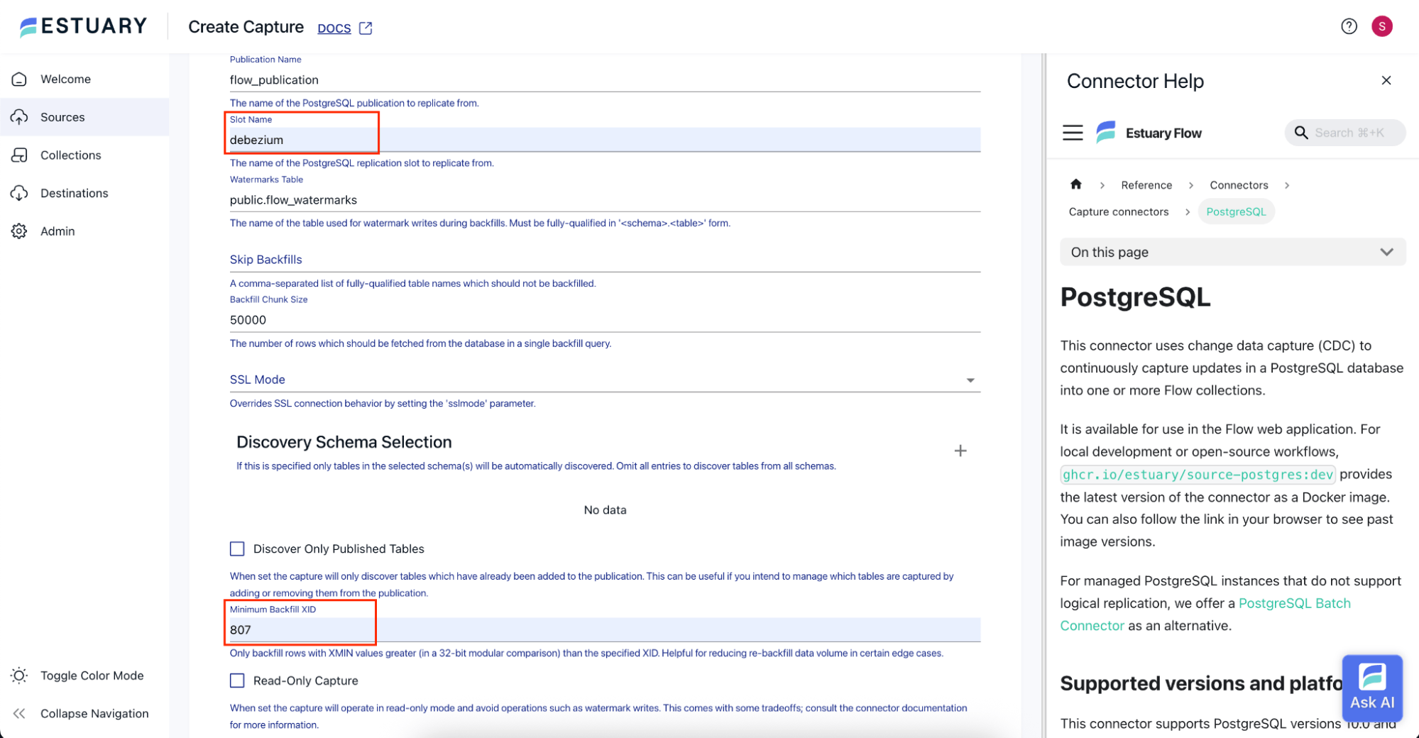 Configure PostgreSQL Capture Backfill XID
