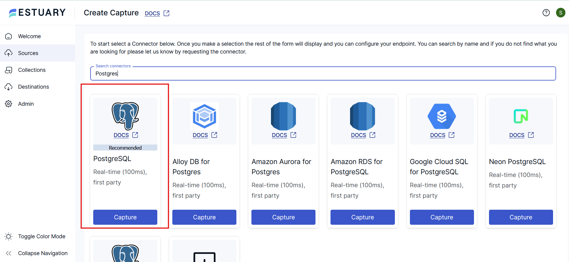 Selection of PostgreSQL capture connector options in Estuary