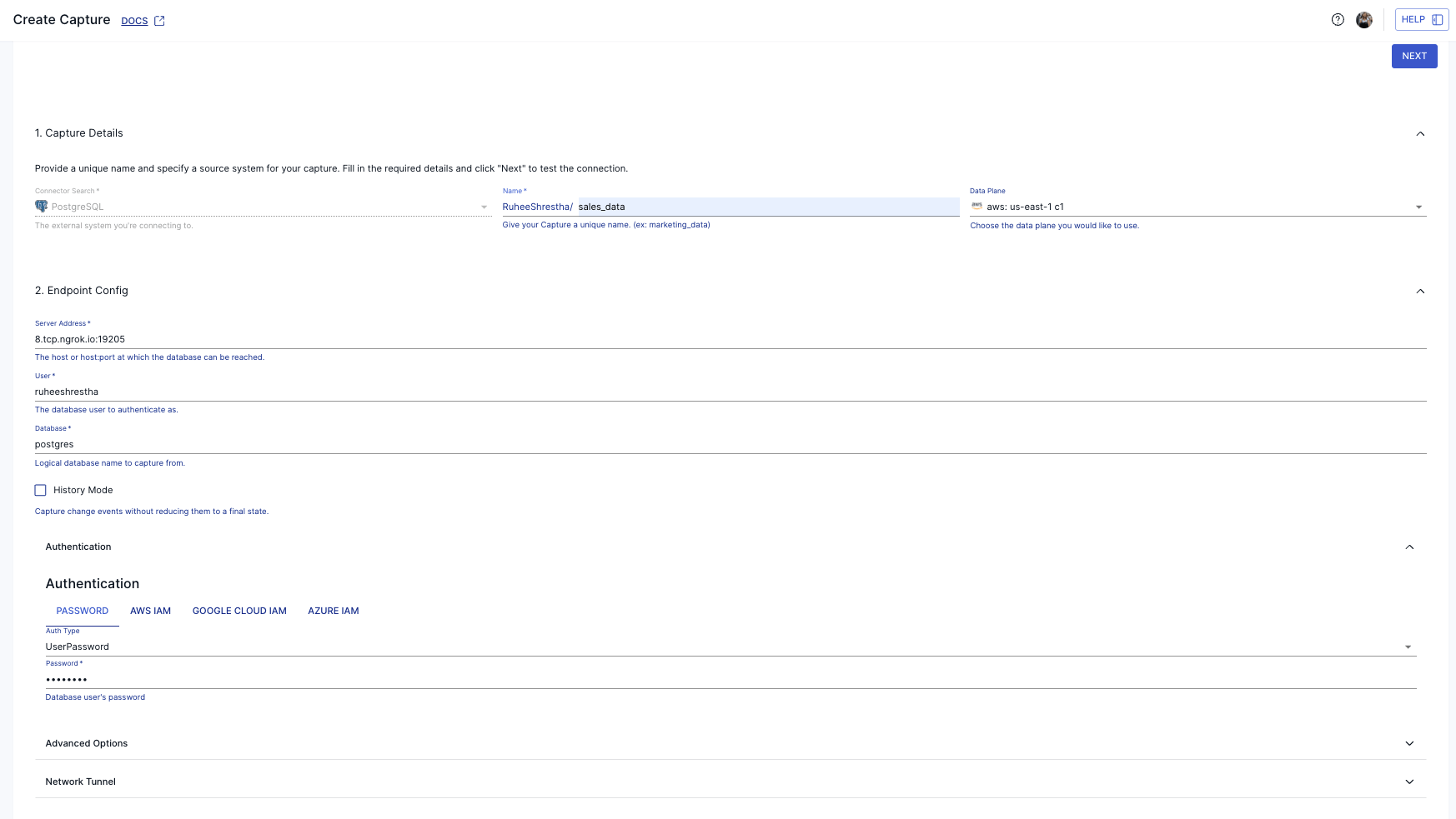 PostgreSQL capture configuration in Estuary with connection details.png