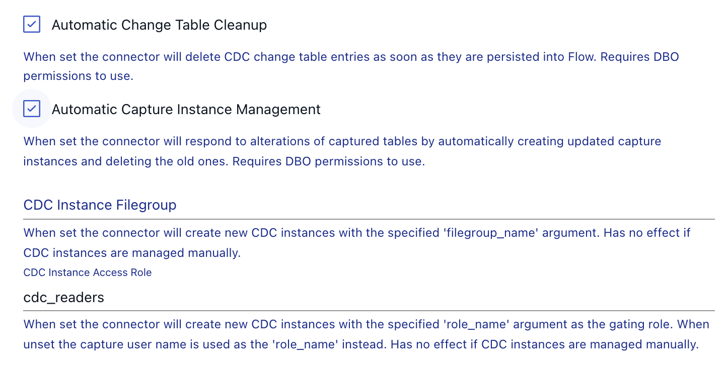SQL Server Advanced Options: automatic cleanup and instance management on, role cdc_readers.