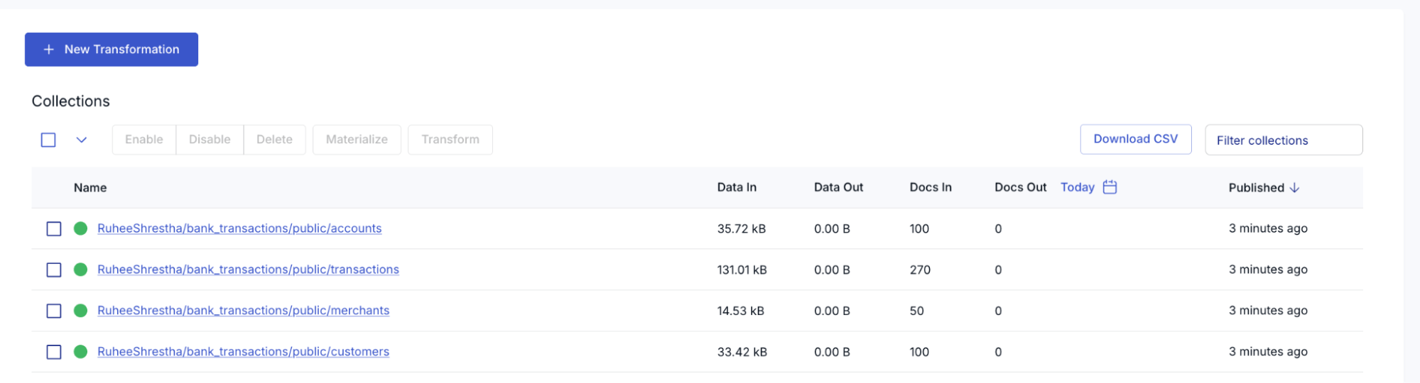 Estuary collections containing captured PostgreSQL banking tables